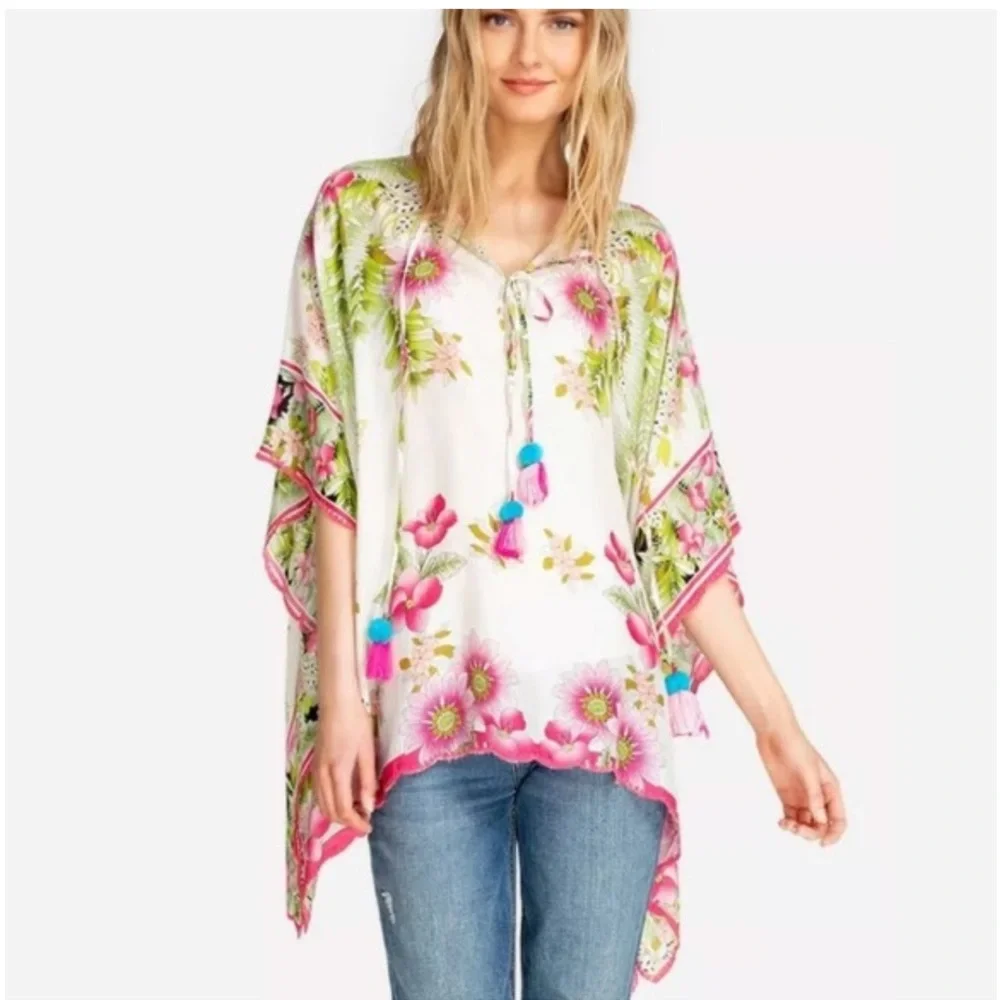 JOHNNY WAS white pink green floral print GALORE TASSEL TIE SILK PONCHO top - Picture 11 of 13